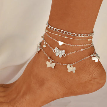 Saashi Fashionable Multi-Layered Butterfly Anklet 4-Piece Set with Beaded Heart Chain Beach Vacation