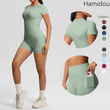 Saashi 2-Piece Workout Set – Yoga Shirt & High Waist Fitness Shorts