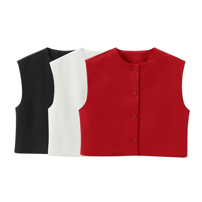 Saashi Women’s Sleeveless Button Vest Top – Casual Elegant O-Neck Office Shirt