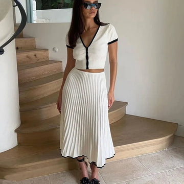Saashi Summer White Pleated 2-Piece Skirt Set