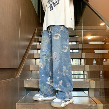Saashi Men's Autumn Floral Printed Y2K Vintage Denim Hip Hop Wide-leg Baggy Jean.