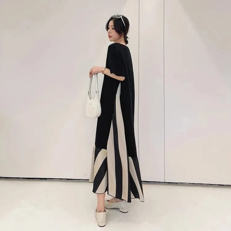 Saashi V-Neck Striped Patchwork T-Shirt Dress, Vintage Casual Fashion