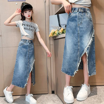 Saashi Girls Korean Denim Split Skirt – Fashionable Long Jean Skirt for Teens