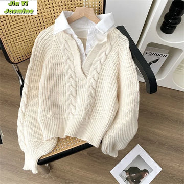 Saashi Women's Retro Fake Two-Piece Sweater