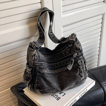 Saashi Women's Large Capacity Denim Vintage Messenger Adjustable Strap Daily Hobo Bag.