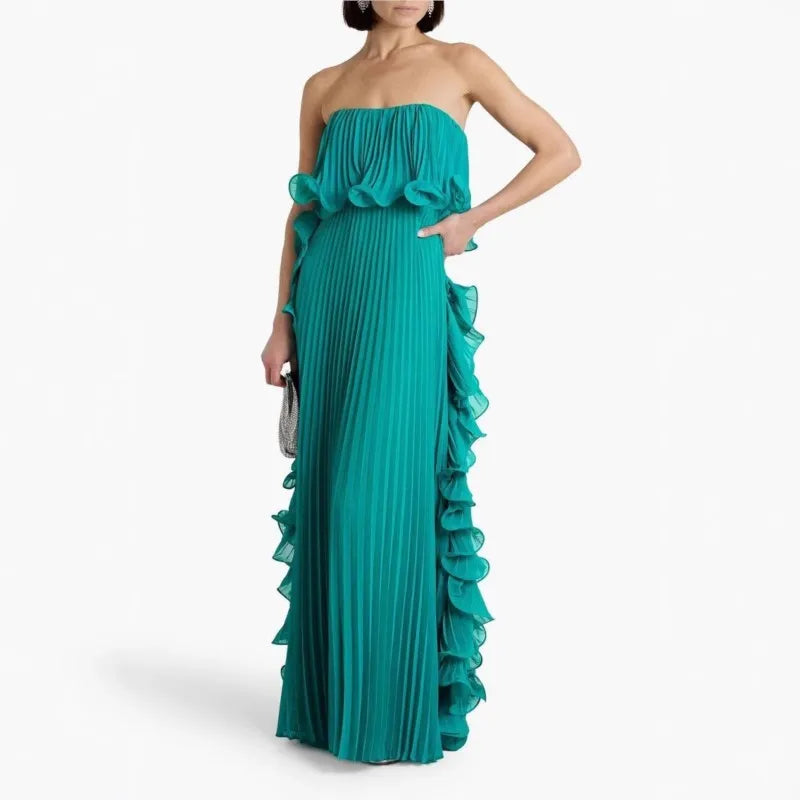 Saashi Women's Summer Holiday Orange Pleated Chiffon Ruffled Strapless Beach Party Dress.