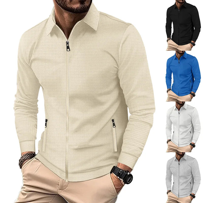 Saashi Men's Waffle Lapel Long-sleeved Zipper Casual Polo Autumn Jacket Coat.