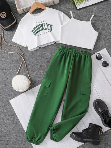 Saashi Girls Letter Print T-Shirt, Halter Vest & Sweatpants 3-Piece Set
