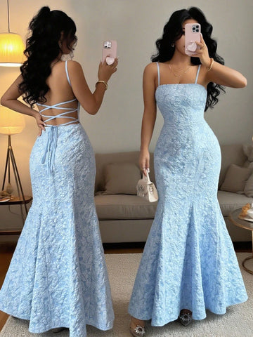 Saashi Women's Light Blue Mermaid Spaghetti Strap Backless Lace-Up Evening Gown.
