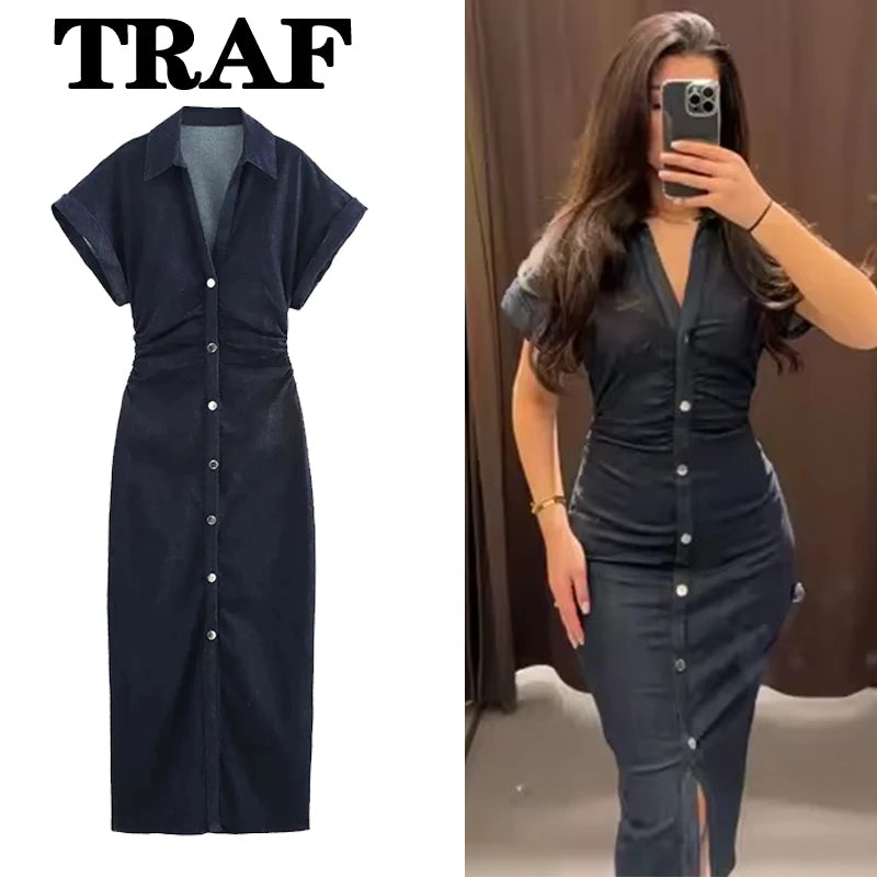 Saashi Ruched Denim Midi Dress for Women Casual Short Sleeve Streetwear Long Outfit