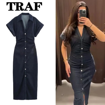 Saashi Ruched Denim Midi Dress for Women Casual Short Sleeve Streetwear Long Outfit