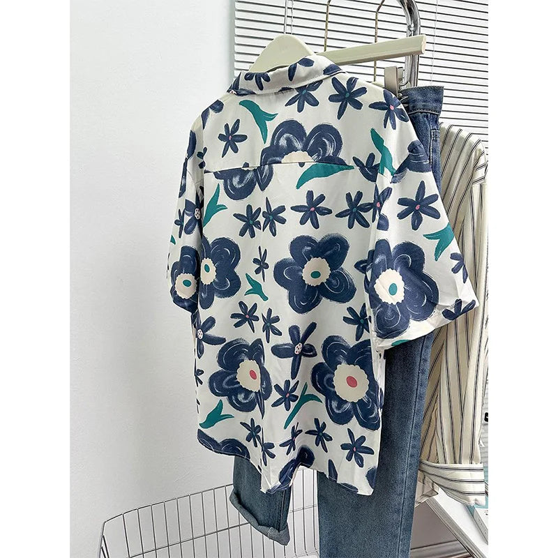Saashi Vintage Print Polo Collar Shirt for Women Casual Short Sleeve Button Down Top