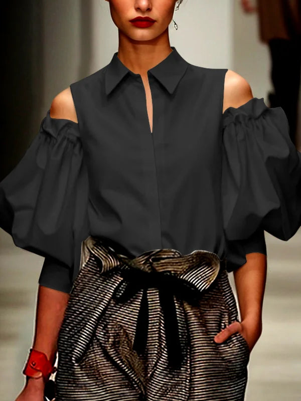Saashi Women’s Tuxedo Blouse Shirt Solid Color Cold Shoulder Office Party Tops