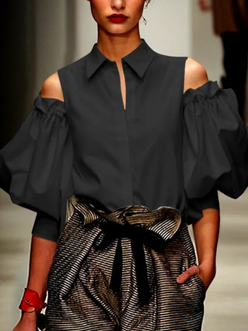 Saashi Women’s Tuxedo Blouse Shirt Solid Color Cold Shoulder Office Party Tops