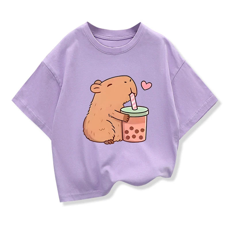 Saashi Girls Capybara Cartoon T-Shirt – Cute Printed Short Sleeve Summer Tee