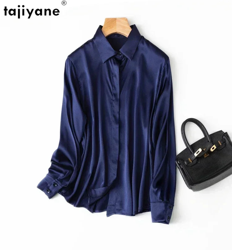 Saashi Women’s Mulberry Silk Satin Long Sleeve Shirt – Office Work Blouse with Buttons