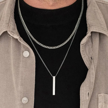 Saashi Mens 3D Vertical Geometric Pendant Necklace Stainless Steel Cuban Chain Cool Statement Jewelry