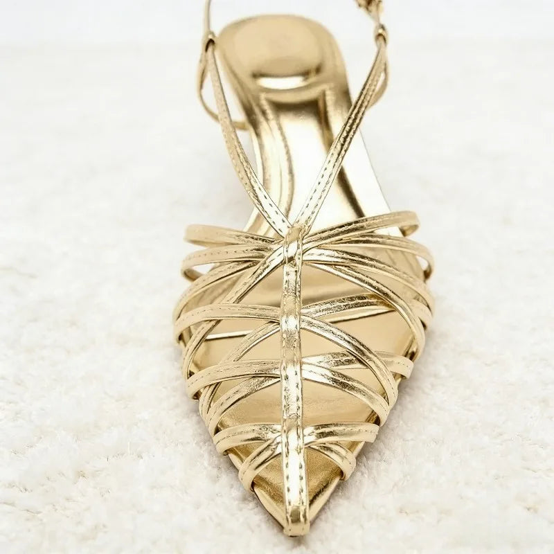 Saashi Luxury Gold Narrow Strap Heeled Sandals Women Pointed Toe Back Strap Roman Pumps