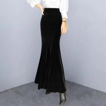 Saashi Women's Velvet Fashion Slim Mermaid Solid Color High Waist Elegant Skirt