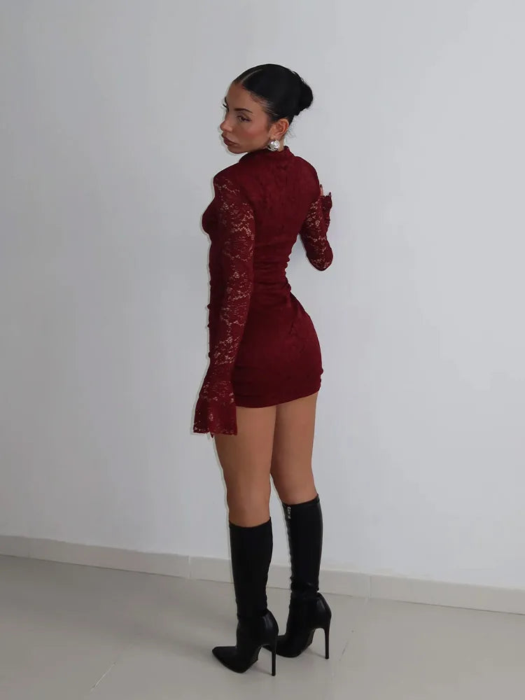 Saashi Women's Sexy Lace Sheer Hollow Out Turtleneck Flare Sleeve Mini Dress