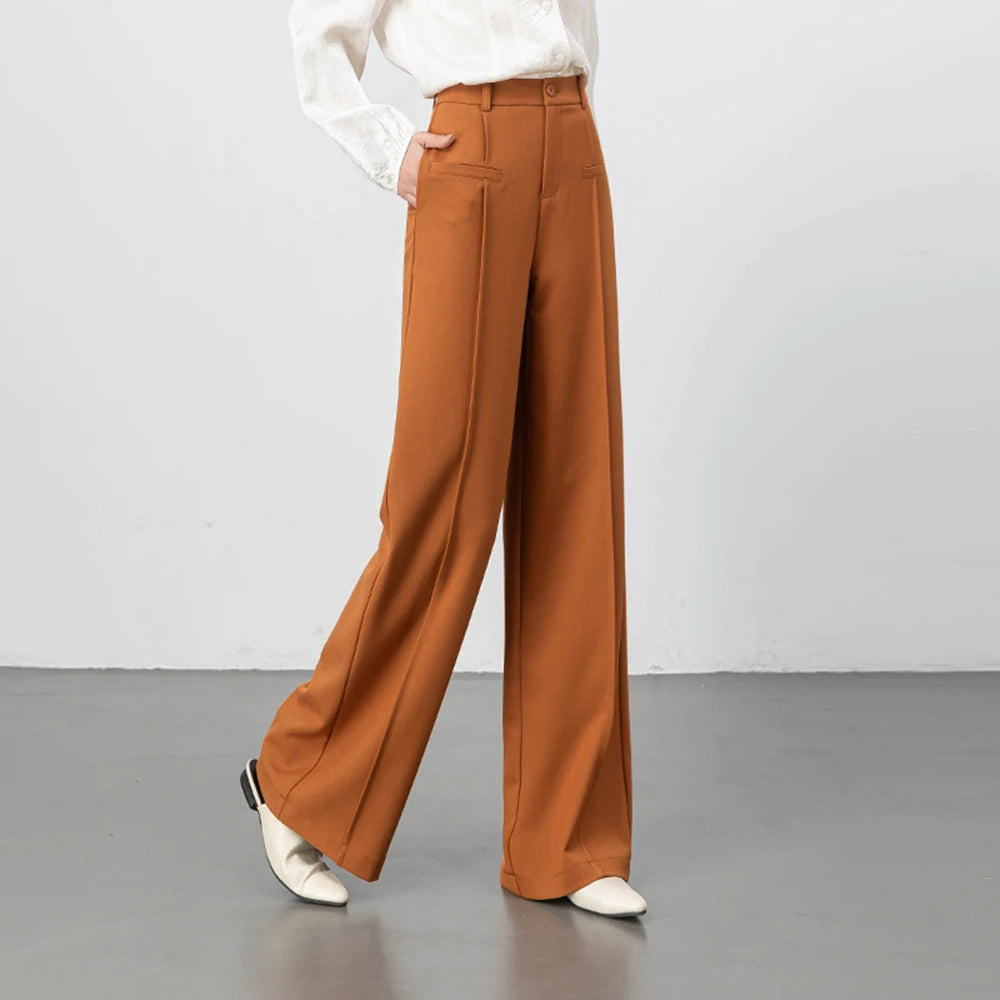Saashi Large-Size Women’s Wide-Leg High-Waisted Slimming Straight Pants – Gray Casual Suit Trousers
