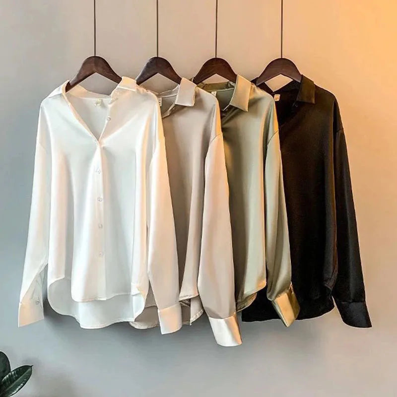 Saashi Women's Autumn Vintage Satin Blouse Long Sleeve Button Down Silky Shirt.