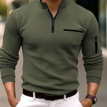 Saashi Men's Retro Style Striped Zipper Arm Long Sleeve Outdoor Polo Shirt.