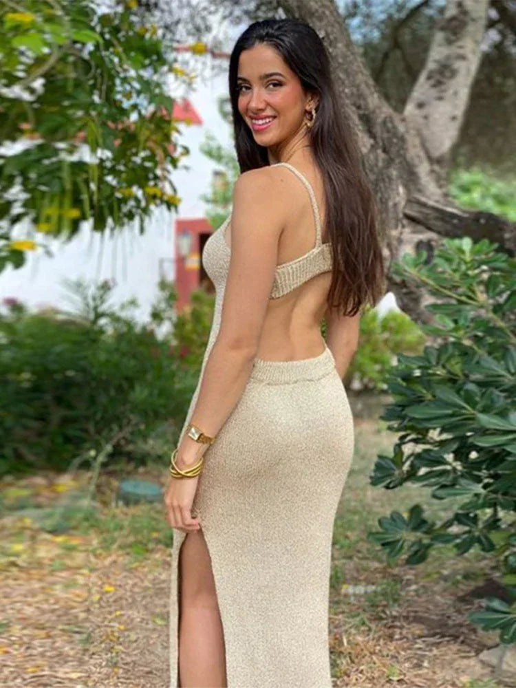 Saashi Metal Ring Hollow Out Sleeveless Knit Dress, Sexy Backless Party Sling Robe