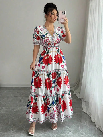Saashi Women's Floral Print V-Neck Short Puff Sleeve Maxi Holiday Dress
