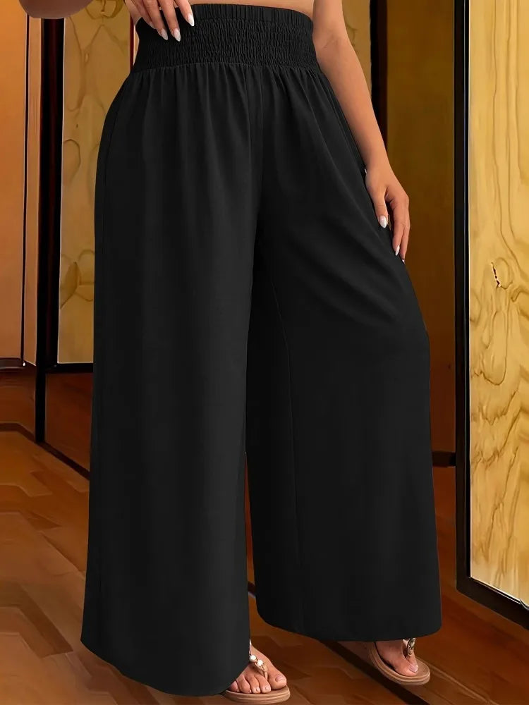 Saashi Plus Size Elastic High Waist Flare Pants for Women – Printed Velour Office Trousers