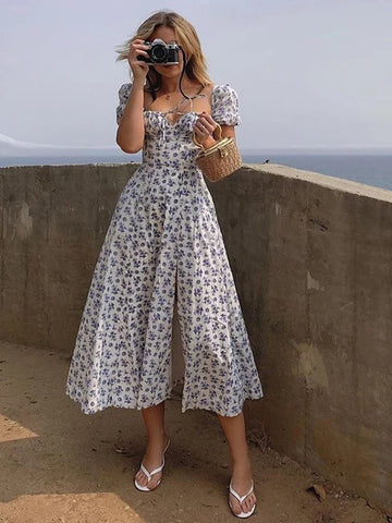 Saashi Puff Sleeve Floral Printed Dress, Sexy Elegant Women’s Holiday Beach Style