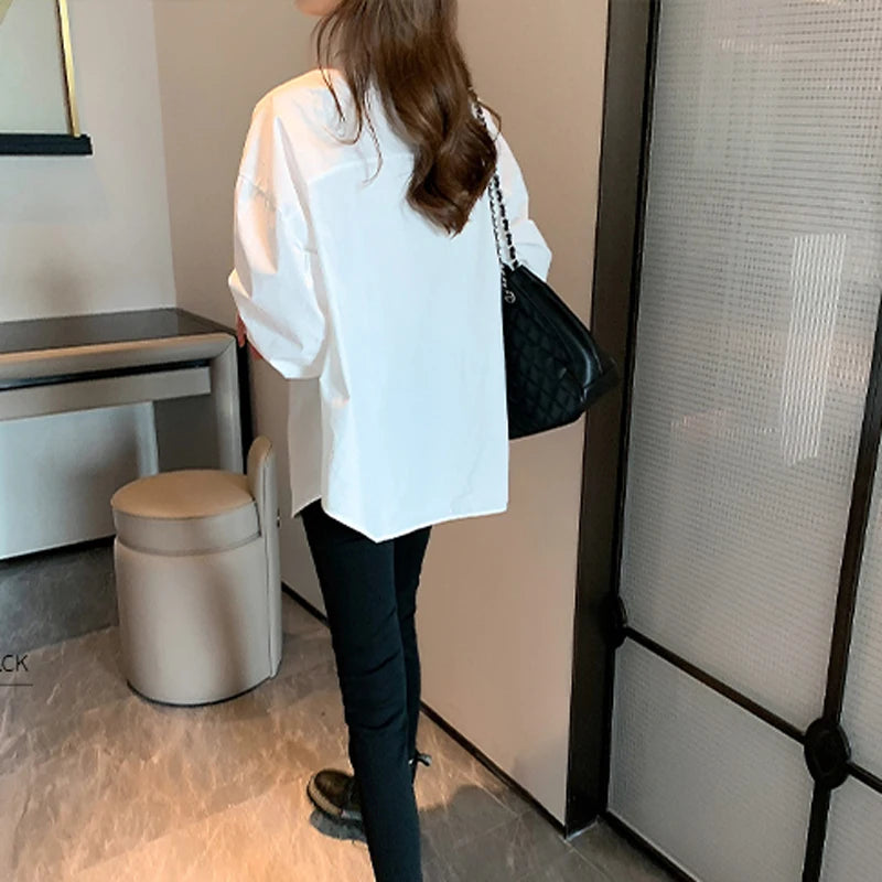 Saashi Women's White Korean Style Long Sleeve Casual Office Lady Loose Blouse