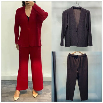 Saashi Labor Day Women’s Pleated Pants Suit Set – Solid Color Casual Commuter Outfit