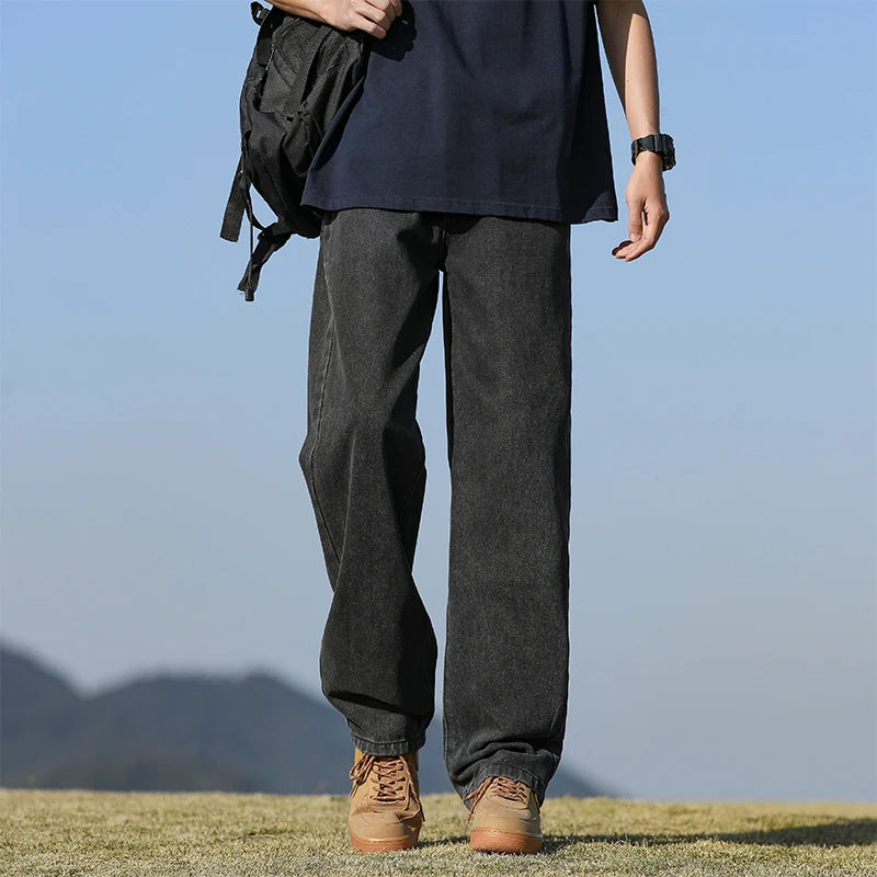 Saashi Men's Autumn Loose Breathable Solid Color Casual Straight Leg Streetwear Denim.