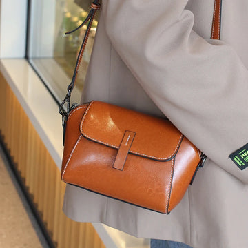 Saashi Women's Oil Wax Genuine Leather Crossbody Autumn Winter Soft Cowhide Bag.