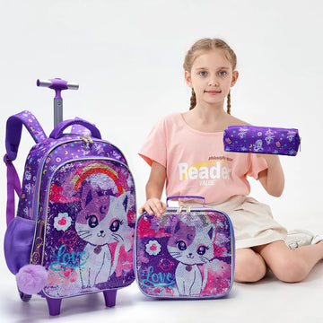 Saashi 3PCS Rolling Backpack Girls Cute Cartoon Cat Sequin Wheeled Bookbag Lunch.