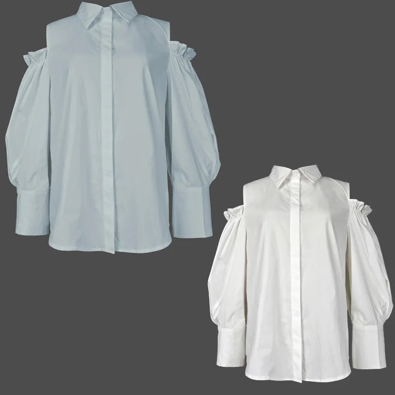 Saashi Women’s Tuxedo Blouse Shirt Solid Color Cold Shoulder Office Party Tops