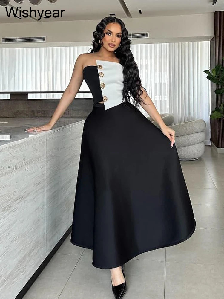 Saashi Elegant Black and White Strapless Top with High-Waist A-Line Skirt Two-Piece Set