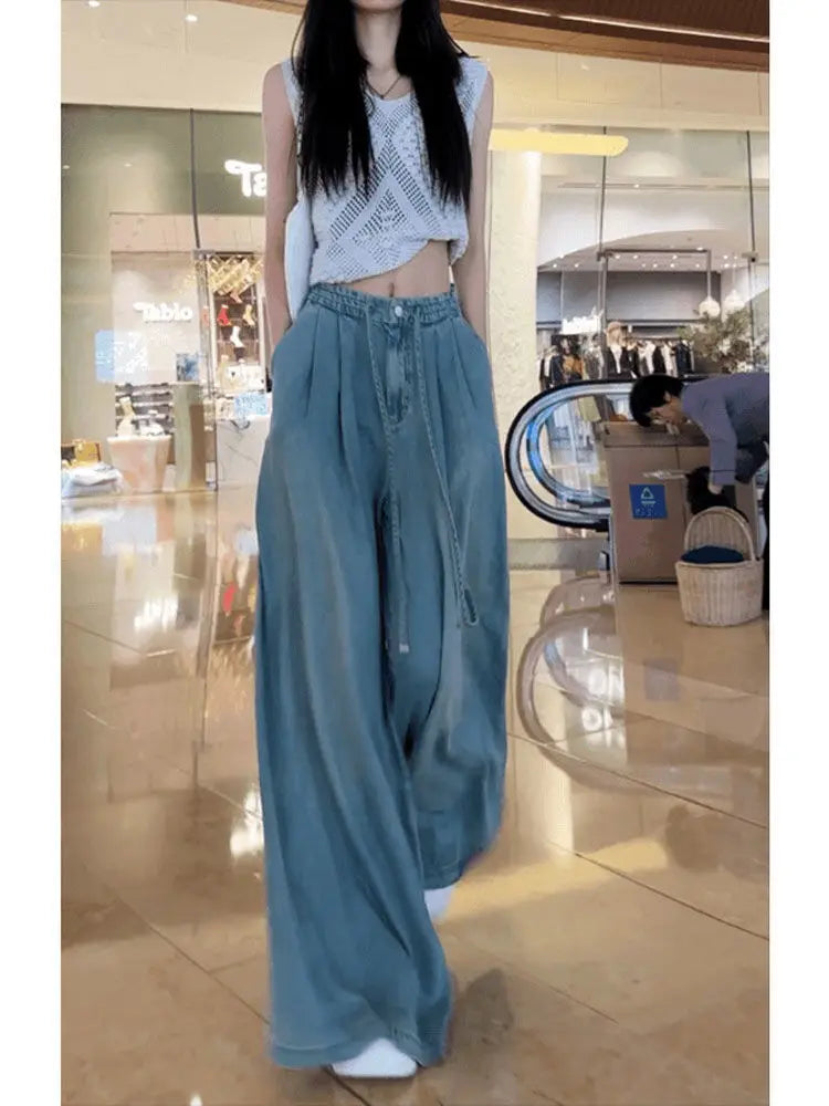 Saashi Women's Wide Leg Boyfriend Jeans Elastic Drape Versatile Trendy Trousers