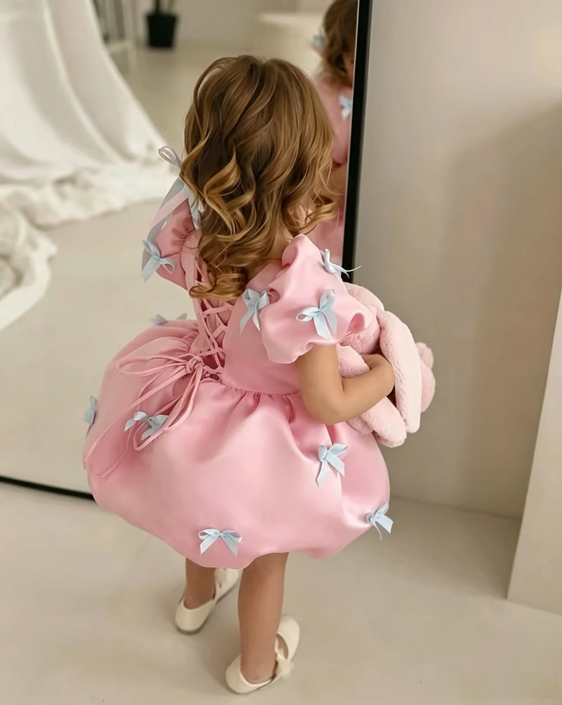 Saashi Girls Satin Puff Sleeve A-Line Flower Girl Dress with Bow