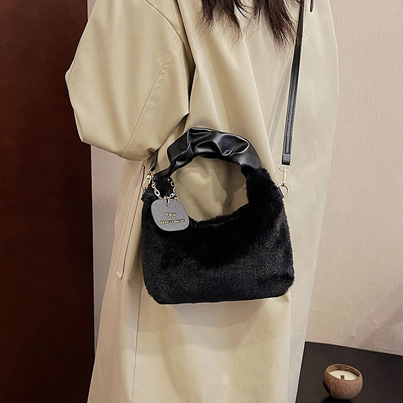Saashi Women Faux Fur Plush Handbags Ruched Handle Small Shoulder Crossbody Half-Moon Winter