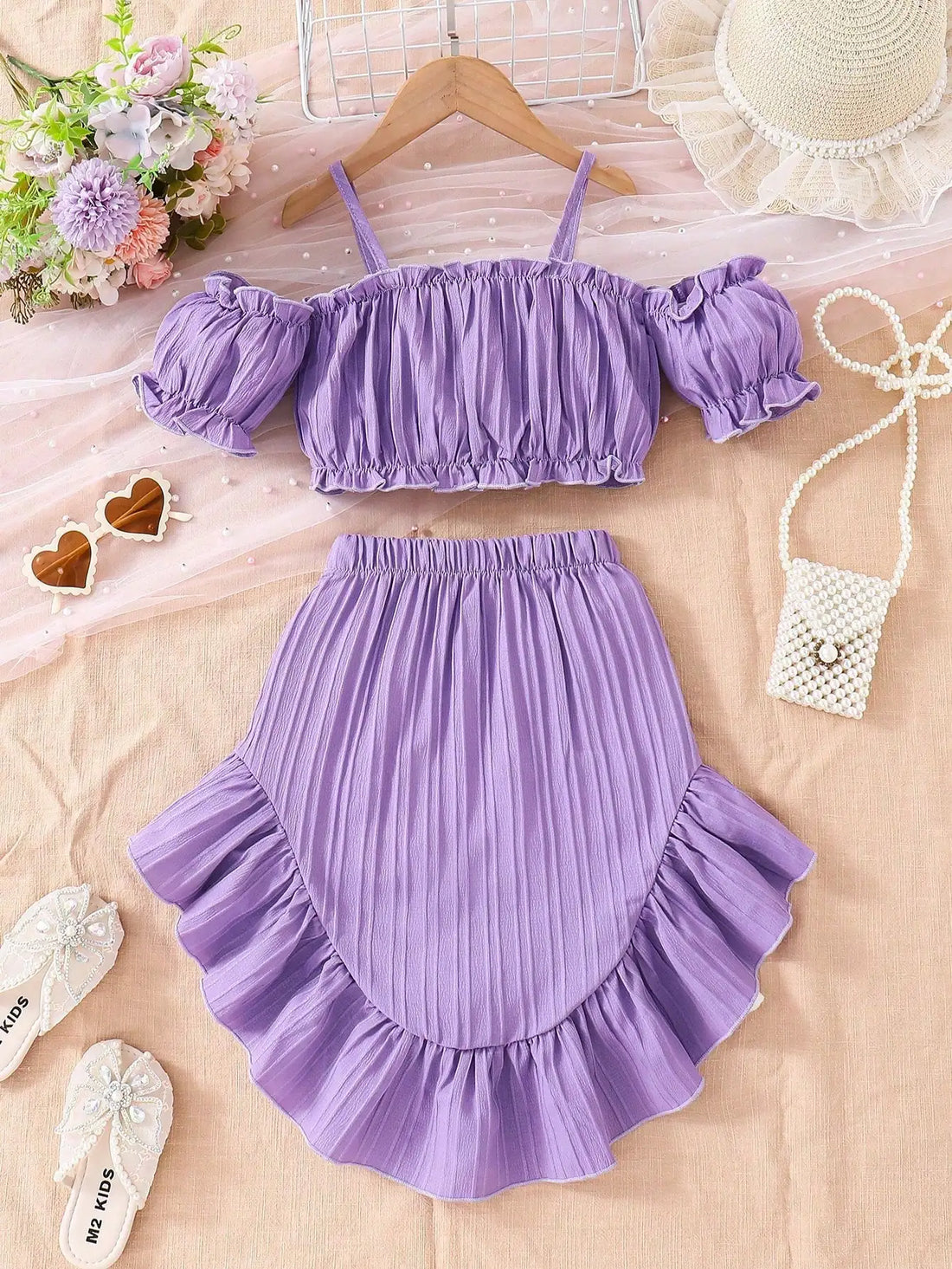 Saashi Girls Purple Off-Shoulder Puff Sleeve Top & Ruffled Skirt Set