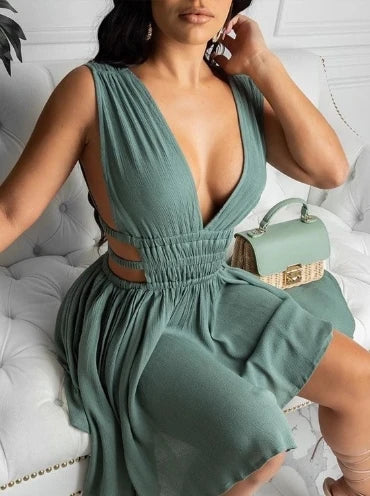 Saashi V-Neck Sleeveless High Waist Bodycon Mini Dress, Commuter Party Style