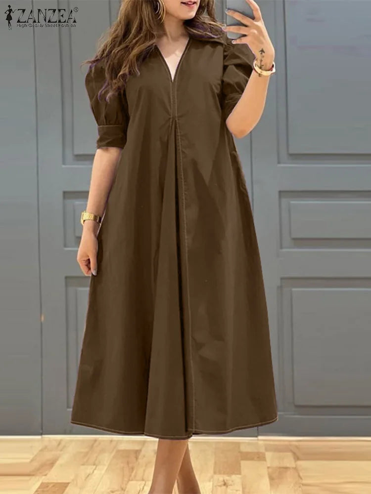 Saashi V-Neck Pleated Midi Dress for Women Puff Sleeve Solid Color Oversized Streetwear