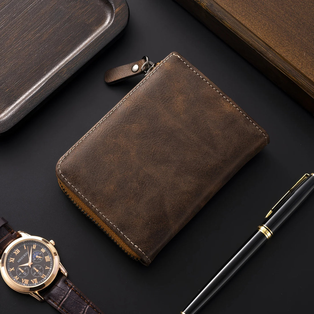Saashi Men's Retro Short Multifunctional Zipper PU Leather Coin Purse Card Holder.