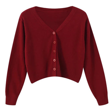Saashi Women's Autumn Winter Long Sleeve Cropped Loose Solid V-neck Knitted Cardigan.