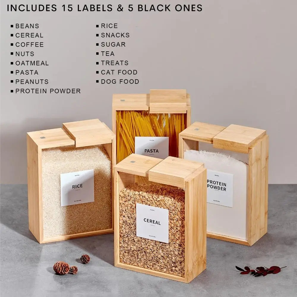 Saashi Bamboo Food Storage Containers Slide Lid Wide Mouth Cereal Boxes Transparent.