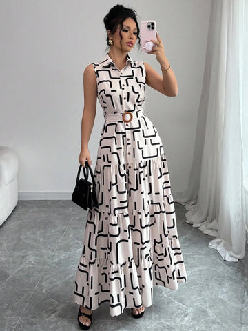 Saashi Sleeveless Button-Front Geometric Print Midi Dress with Tiered Ruffle Skirt