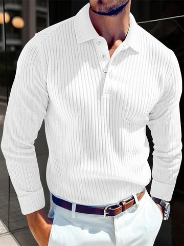 Saashi Men's Retro Style Striped Long Sleeve Outdoor Business Casual Polo Shirt.