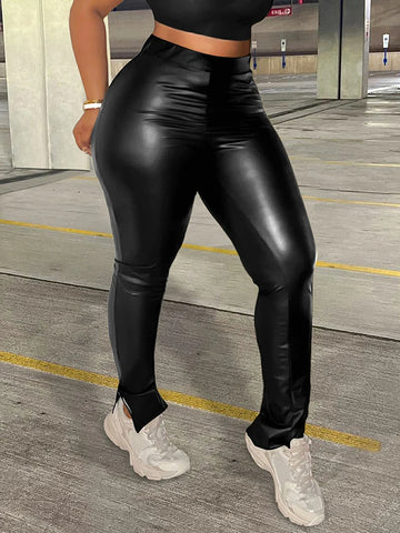 Saashi Women’s Plus Size Faux Leather High Waist Skinny Pants – Black Trousers